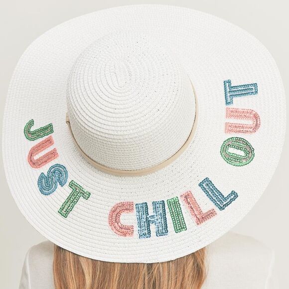 Just Chill Out Sequin Straw Panama Hat for Women Summer Beach Sun Hat - Picture 1 of 4